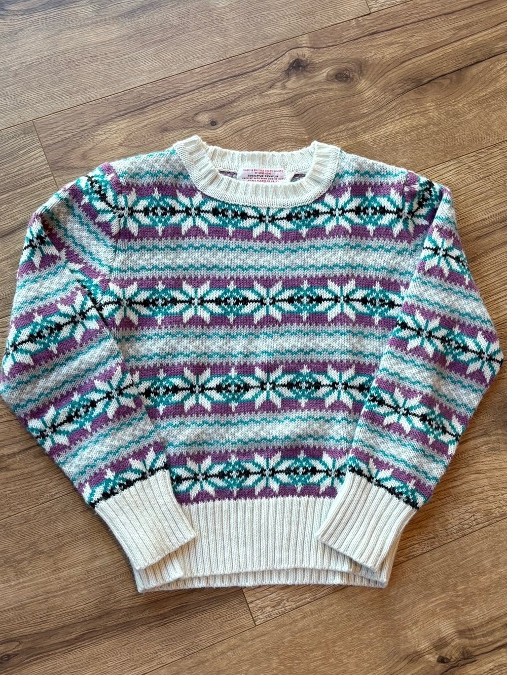 Vintage ‘80s  Izod Fair Isle Crewneck Knit Purple Teal Sweater Girls Small (7-8)